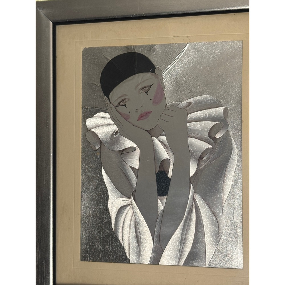 Vintage Dufex Foil Print Pierrot Clown Framed Art England FJ Warren 152748